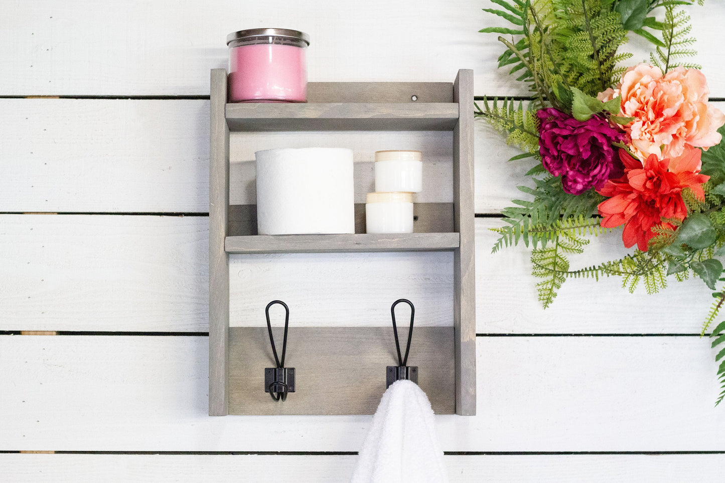 Bathroom Storage Shelf with Farmhouse Towel Hooks