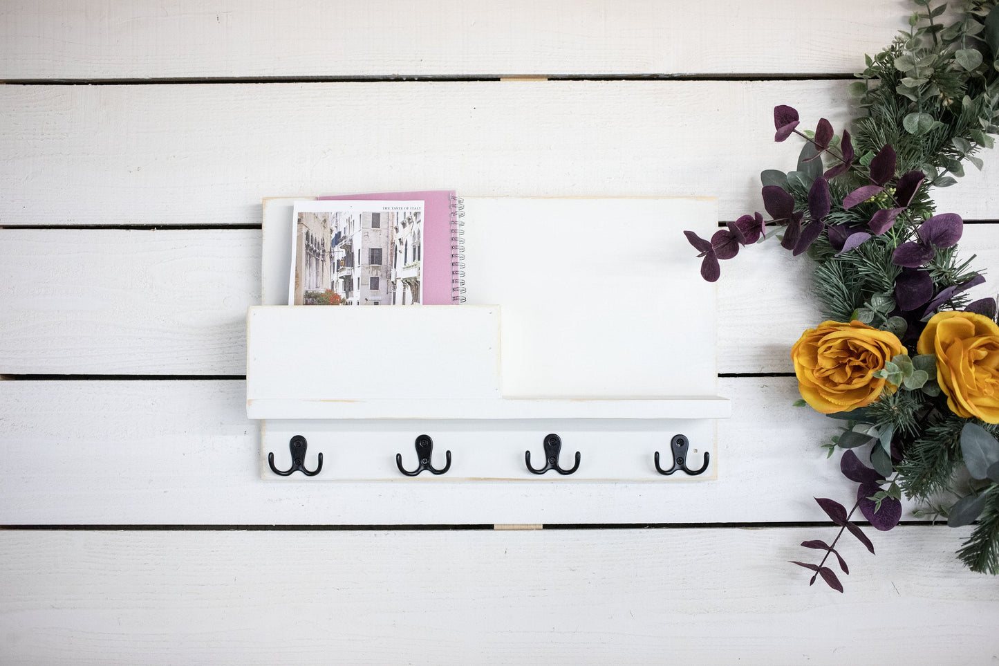 Solid Front Mail Holder with Shelf and Key Hooks.