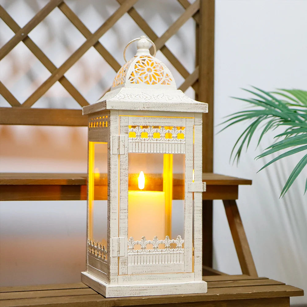 14.5" H Decorative Candle Lanterns（Beige with Gold Brush）