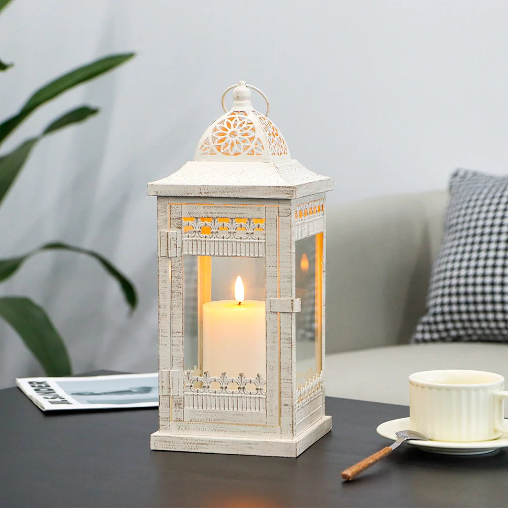 14.5" H Decorative Candle Lanterns（Beige with Gold Brush）