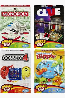 Hasbro Family Grab and Go Variety Pack Bundle: Clue, Monopoly, Connect 4 and Hungry Hungry Hippos Travel Sized Board Games (4 Items)